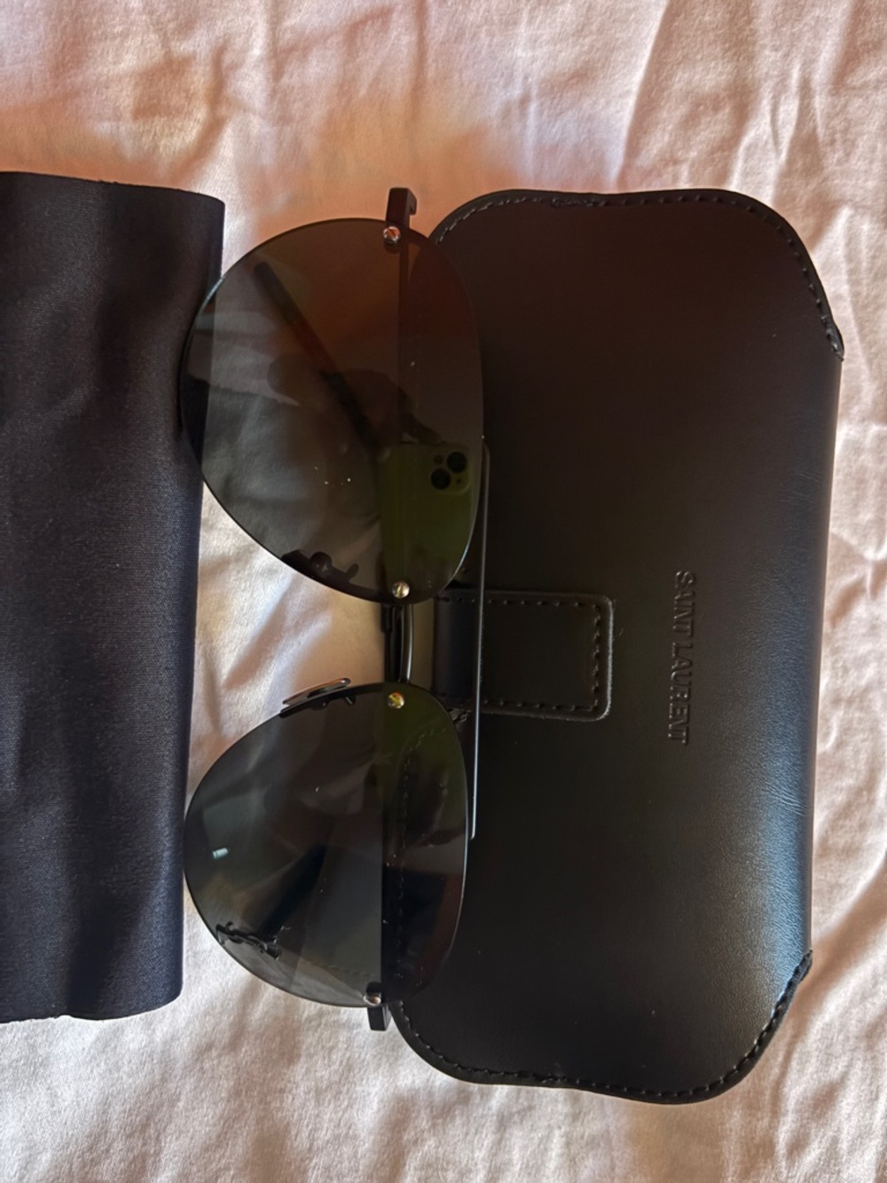 Saint Laurent Black Metal Aviator Sunglasses with Case - Picture 3 of 13